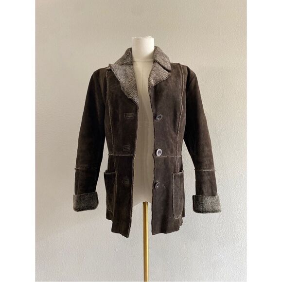 guess brown suede leather faux fur lined jacket coat - Picture 2 of 7